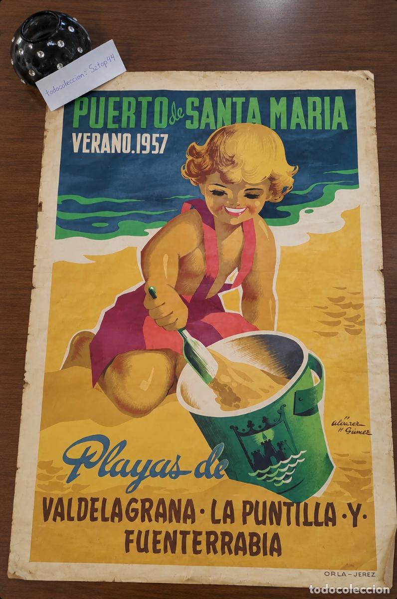 Carteles de turismo: Antiguo Cartel Turismo 1957 - Puerto de Santa Mar&iacute;a - Playas Valdelagrana - Orla Jerez