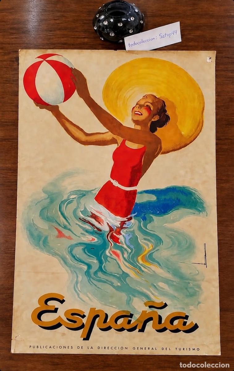 Carteles de turismo: Antiguo Cartel Turismo c. 1935 Espa&ntilde;a - Ba&ntilde;ista con Pelota de Playa - Josep Morell - DGT