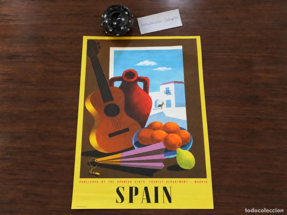 Carteles de turismo: Antiguo Cartel Turismo c. 1950 Spain - Guitarra y Naranjas - Guy Georget - DGT