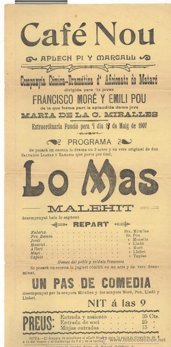 Affissi: teatre. cafe nou. aplech pi i margall. matar&oacute; 1907.