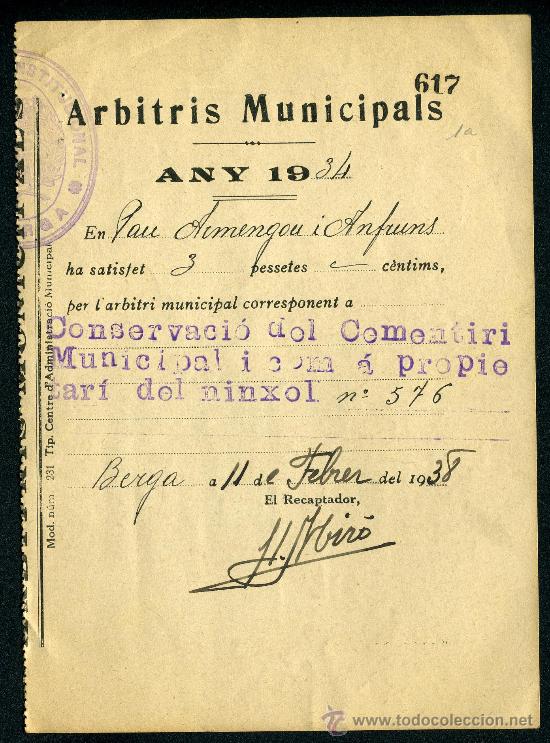 Carteles: BERGA ARBITRIS DE LAJUNTAMENT DE 1934 DE CONSERVACI&Oacute; DEL CEMENTIRI. - Foto 1