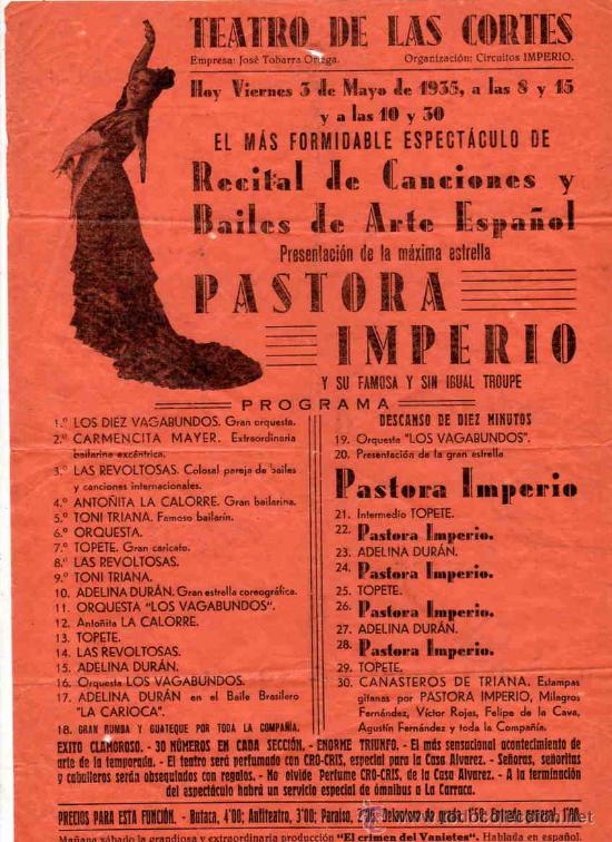 Carteles: CARTEL TEATRO DE LAS CORTES. PROGRAMA DEL 3 DE MAYO 1935. PASTORA IMPERIO. - Foto 1