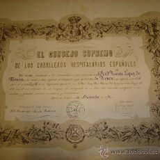 Carteles: TÍTULO DE CABALLERO HOSPITALARIO 1876, MADRID, LITOGRÁFICA, RARO, 56 POR 45CM