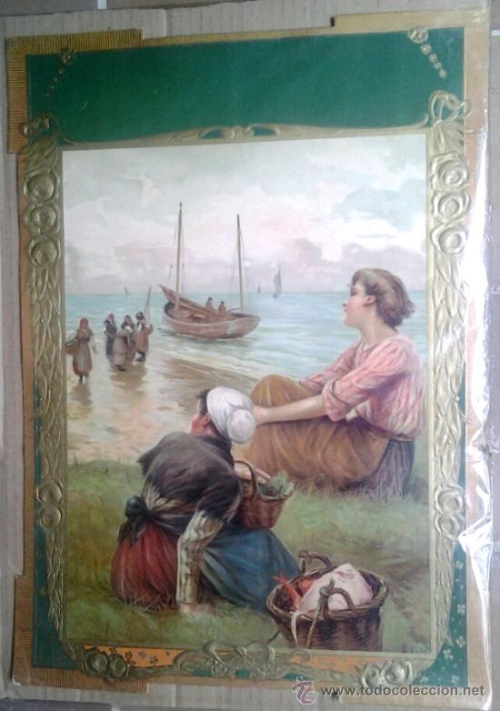 Affissi: Cartel carton troquelado antiguo, escena de mujeres en la playa. 37 x 51 cms. Vell i Bell