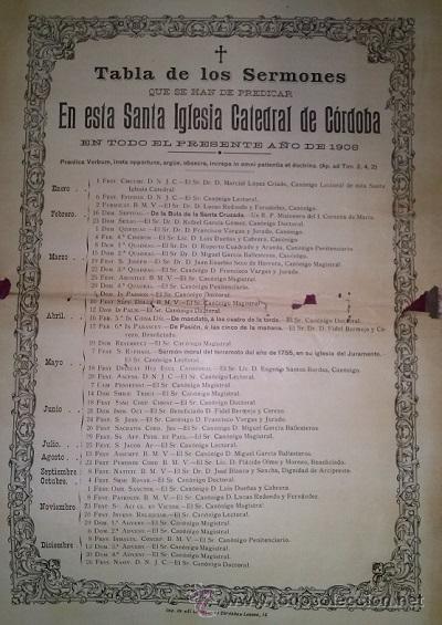 Carteles: TABLA DE LOS SERMONES QUE SE HAN DE PREDICAR EN LA CATEDRAL DE CORDOBA EN 1908 - Foto 1