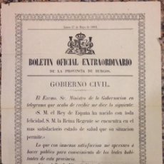 Carteles: CARTEL, BOLETIN OFICIAL EXTRAORDINARIO DE BURGOS, GOBERNADOR AGUSTIN DE LA SERNA 1886