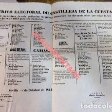 Carteles: 1841, ESPECTACULAR CARTEL DISTRITO ELECTORAL DE CASTILLEJA DE LA CUESTA, BORMUJOS, CAMAS, GINES, ETC