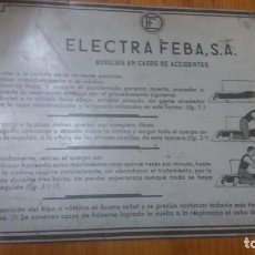 Carteles: CARTEL AUXILIO EN CASOS DE ACCIDENTES ELÉCTRICO ELECTRA FEBA CHAPA LUZ CORRIENTE. Lote 144661454