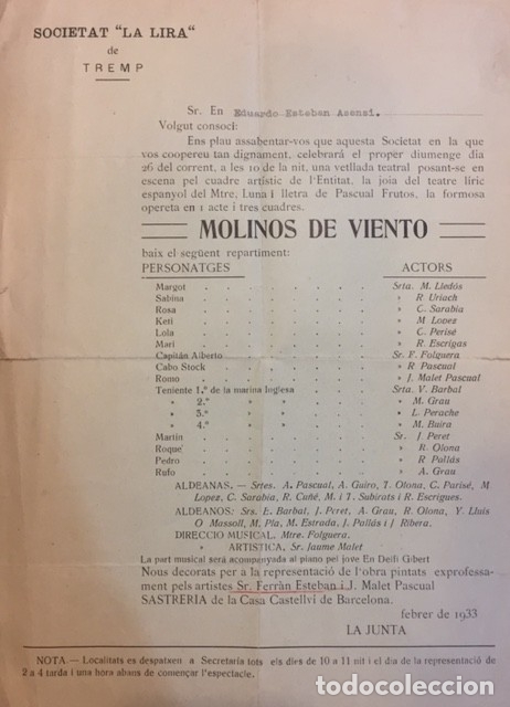 Carteles: PROGRAMA SOCIETAT LA LIRA, MOLINOS DE VIENTO 1933 - Foto 2