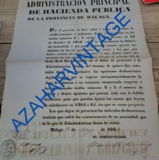 Carteles: MALAGA, 1864, BANDO SOBRE SUBSIDIO INDUSTRIAL A LOS TELARES, RARO, 31X43 CMS
