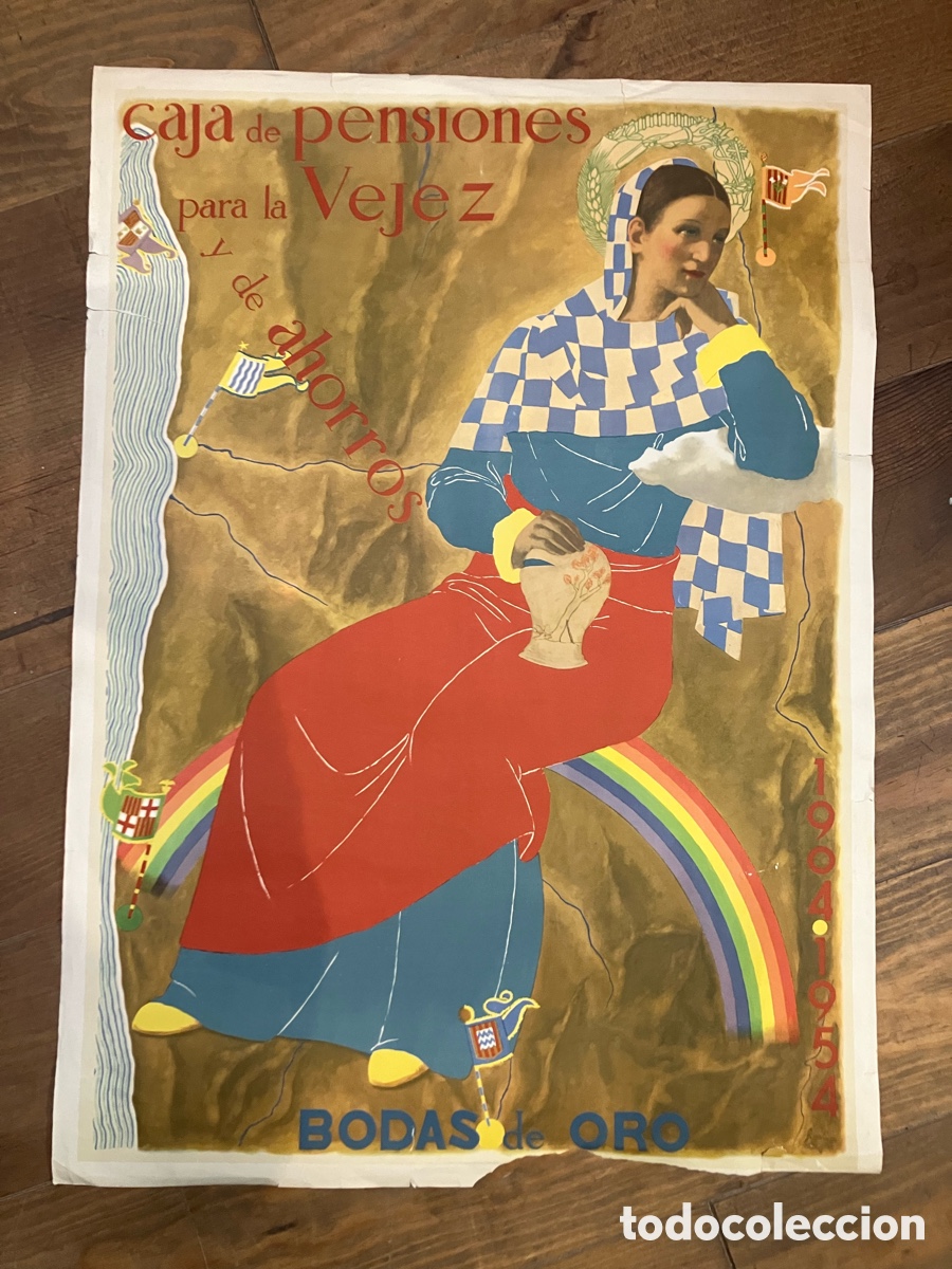 Carteles: Francesc Gal&iacute;. Cartel Original Caja Pensiones de la Vejez. Bodas de Oro. Litogr&aacute;fico
