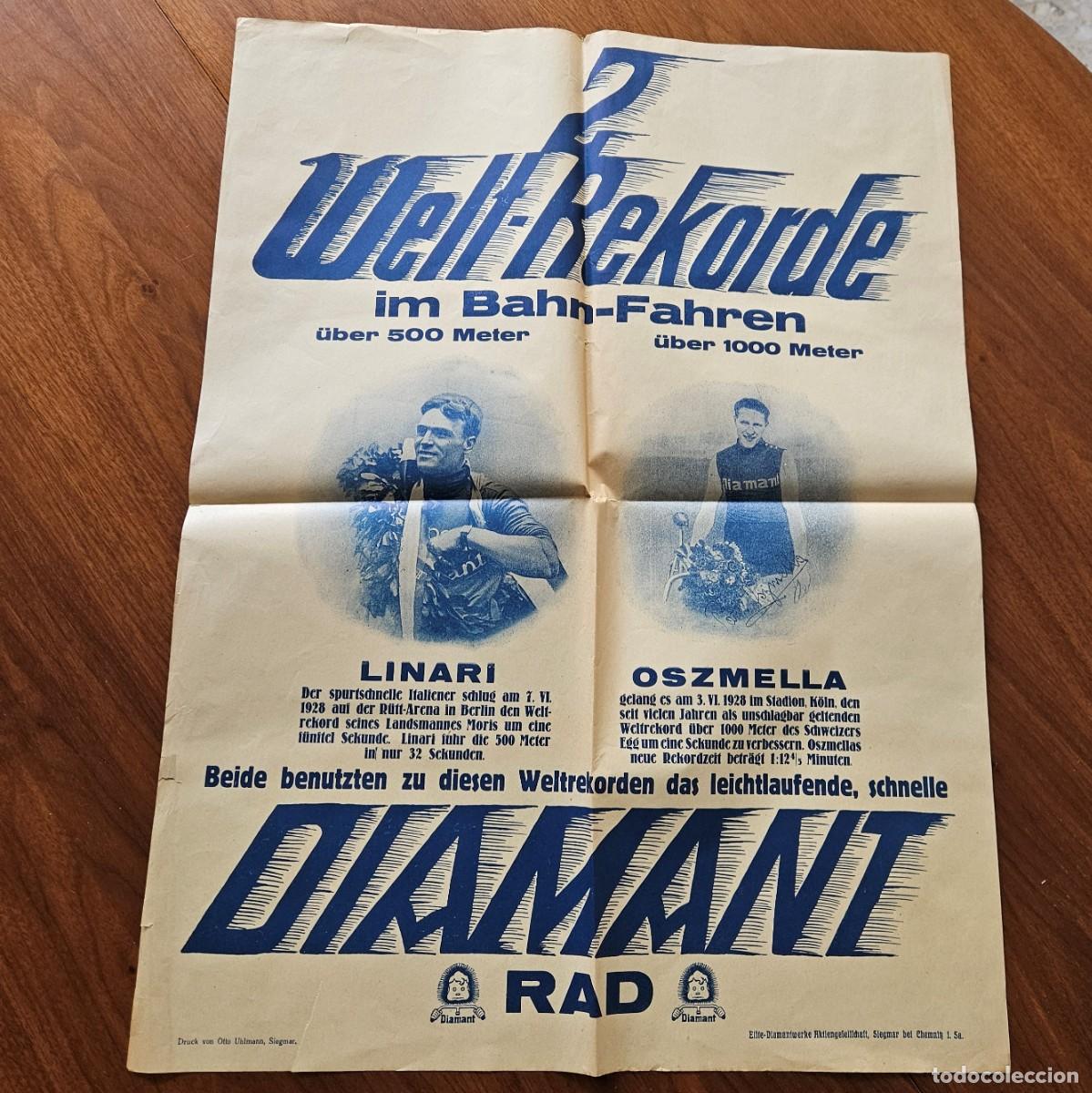 Carteles: P&oacute;ster de bicicletas Diamant R&eacute;cord Mundial de Linari y Oszmella. 1928