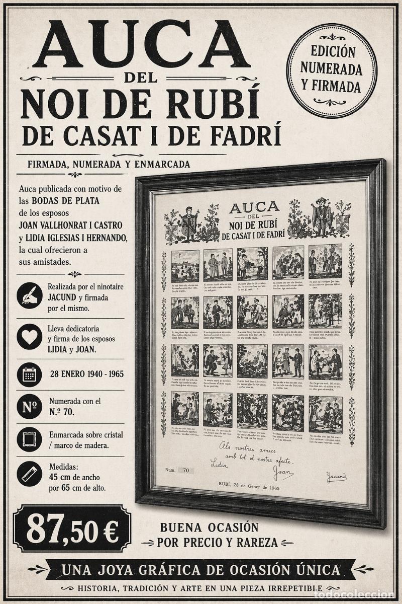 Carteles: AUCA DEL NOI DE RUB&Iacute; DE CASAT I DE FADR&Iacute;. FIRMADA, NUMERADA Y ENMARCADA. 45 X 65 CM. LEER