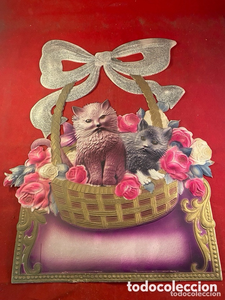 Plakate: Antiguo cromo troquelado en relieve con gatitos en cesta y rosas &ndash; gran formato 50 cm