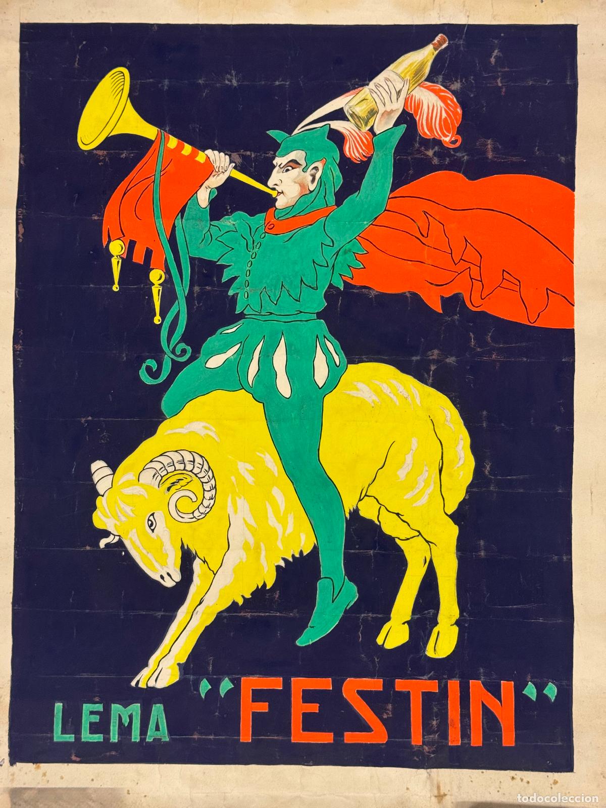 Carteles: CARTEL ANTIGUO ORIGINAL DIBUJADO Y PINTADO A MANO - ARLEQU&Iacute;N O BUF&Oacute;N - LEMA FEST&Iacute;N - VER FOTOS
