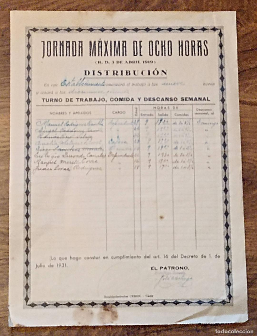 Carteles: Jornada M&aacute;xima de ocho horas. R. D. 3 de Abril de 1919. peque&ntilde;o cartel (37x27 cm) Establecimientos C