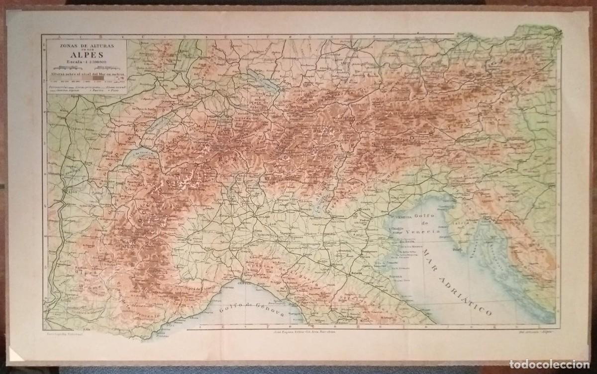 Carteles: MAPA ALTURAS DE LOS ALPES - ORIGINAL JOS&Eacute; ESPASA, EDITOR / 40 x 25 Cm. LIT. ALEU/BARCELONA