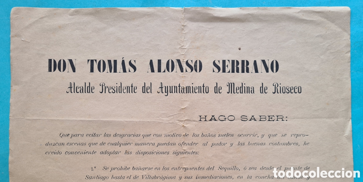 Carteles: MEDINA DE RIOSECO (VALLADOLID) - BANDO SOBRE LA ORDENANZA DE BA&Ntilde;OS PARA EL A&Ntilde;O 1908 - 32 x 43,5 cm