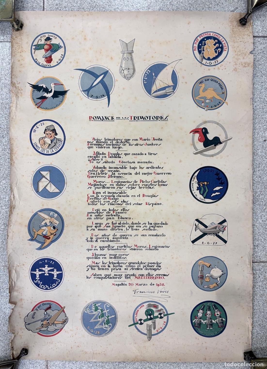 Carteles: CARTEL LITOGR&Aacute;FICO &rdquo;ROMANCE DE LOS TRIMOTORES&rdquo; CON EMBLEMAS DE ESCUADRILLAS. 1938