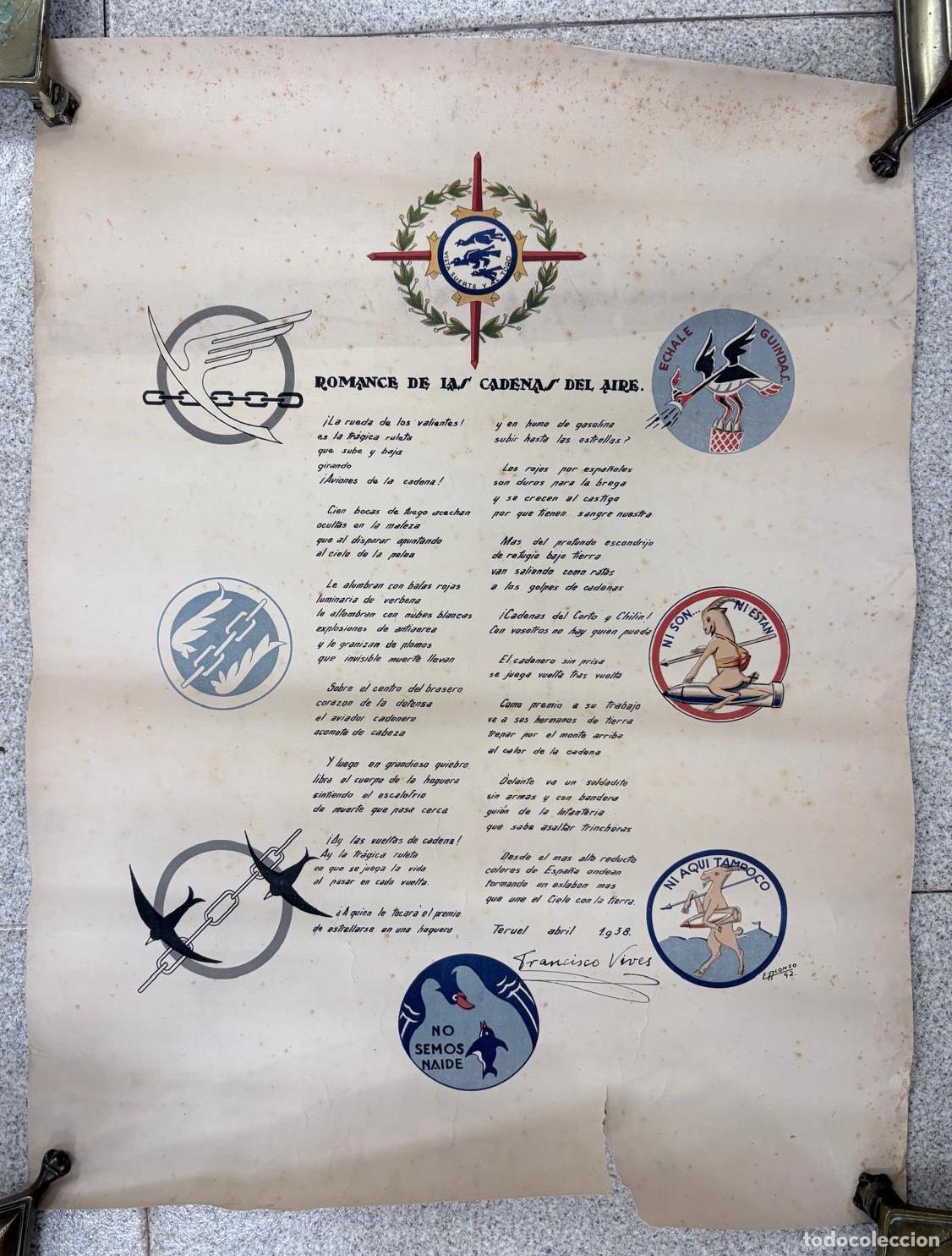 Carteles: CARTEL LITOGR&Aacute;FICO &rdquo;ROMANCE DE LA CADENA DEL AIRE&rdquo; CON EMBLEMAS DE ESCUADRILLAS. 1938