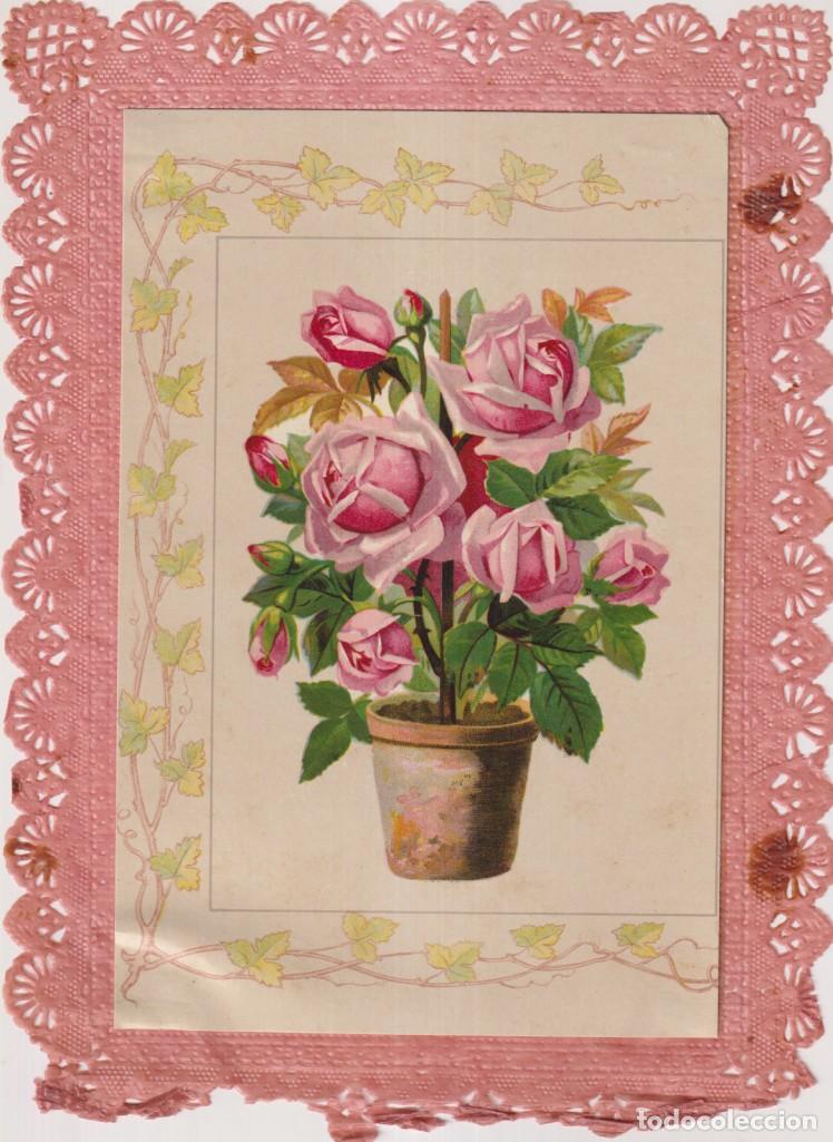 Carteles: Peque&ntilde;o cartel (14,5x22 cm) sobre hoja de puntillas. Publicidad de Frutas, pasa o flores de M&aacute;laga.