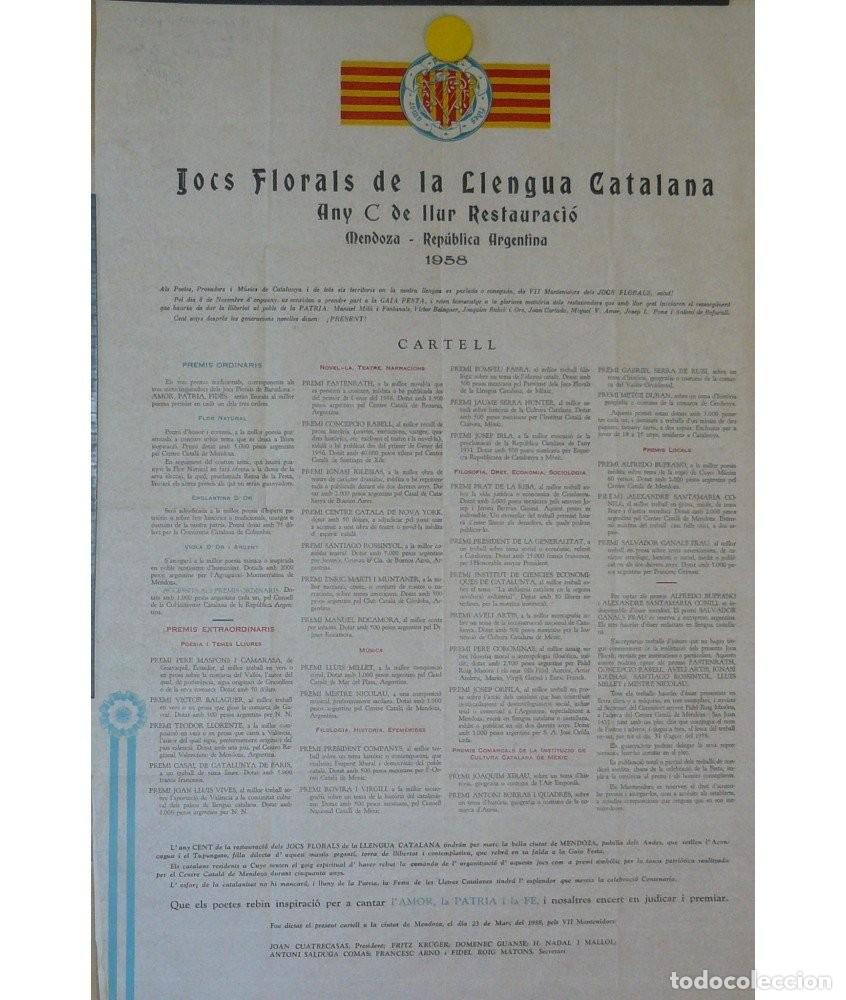 Affissi: JOCS FLORALS DE LA LLENGUA CATALANA-ANY C DE LA SEVA RESTAURACI&Oacute;-MENDOZA ARGENTINA 1958-EXILI