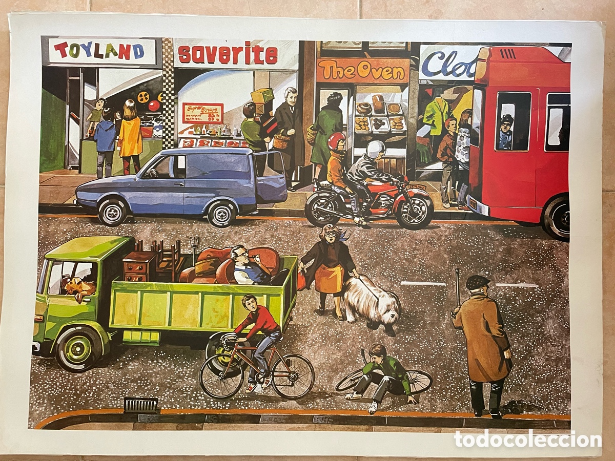 Carteles: Cartel escolar, litograf&iacute;a educativa vintage. 1981. Gran tama&ntilde;o. Escena urbana.