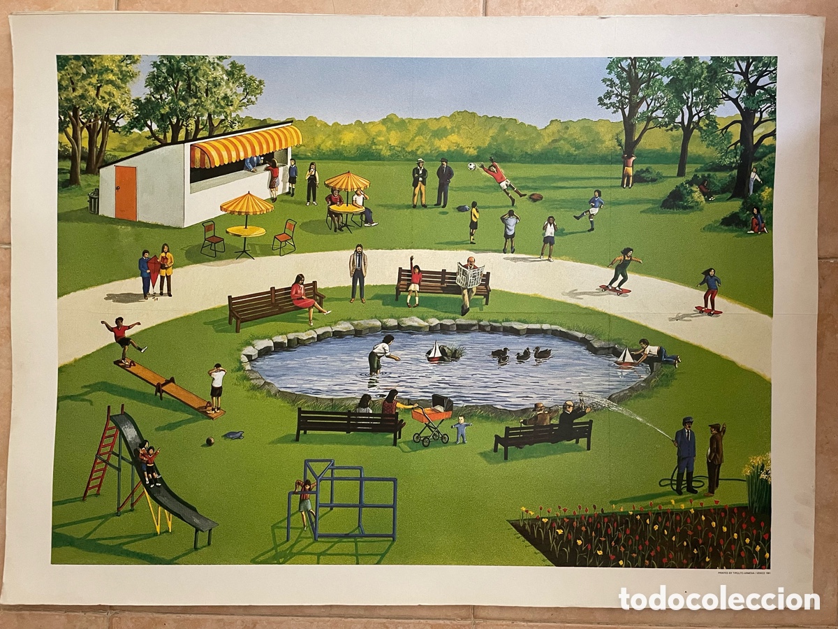 Carteles: Cartel escolar, litograf&iacute;a educativa vintage. 1981. Gran tama&ntilde;o. Parque p&uacute;blico.