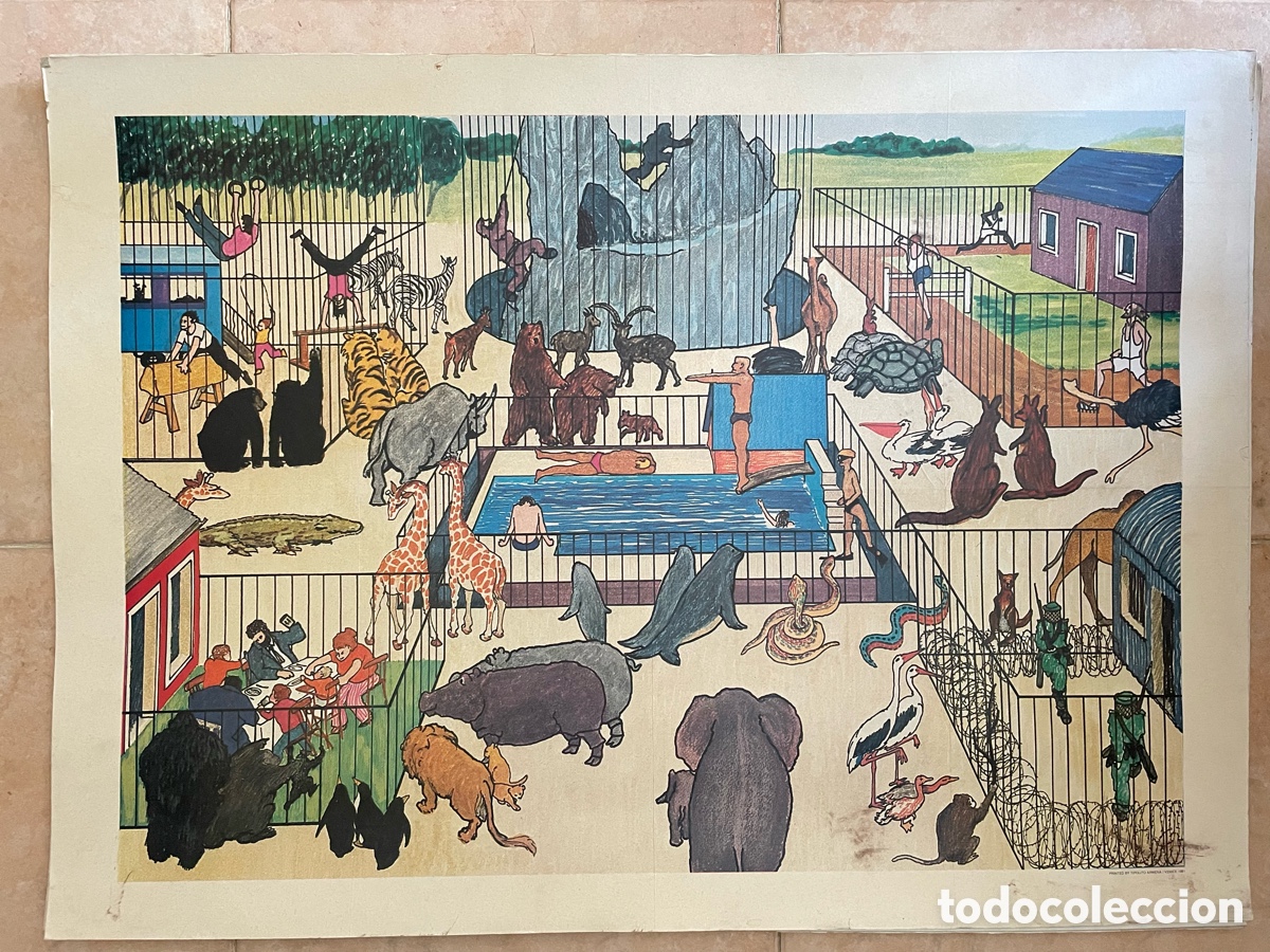 Carteles: Cartel escolar, litograf&iacute;a educativa vintage. 1981. Gran tama&ntilde;o. Zool&oacute;gico. Absurdos visuales.
