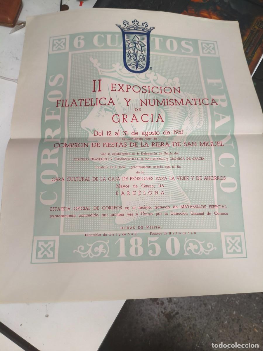 Carteles: II EXPOSICION FILATELICA Y NUMISMATICA DE GRACIA 1951 60 X 50 CM FIESTAS RIERA SAN MIGUEL