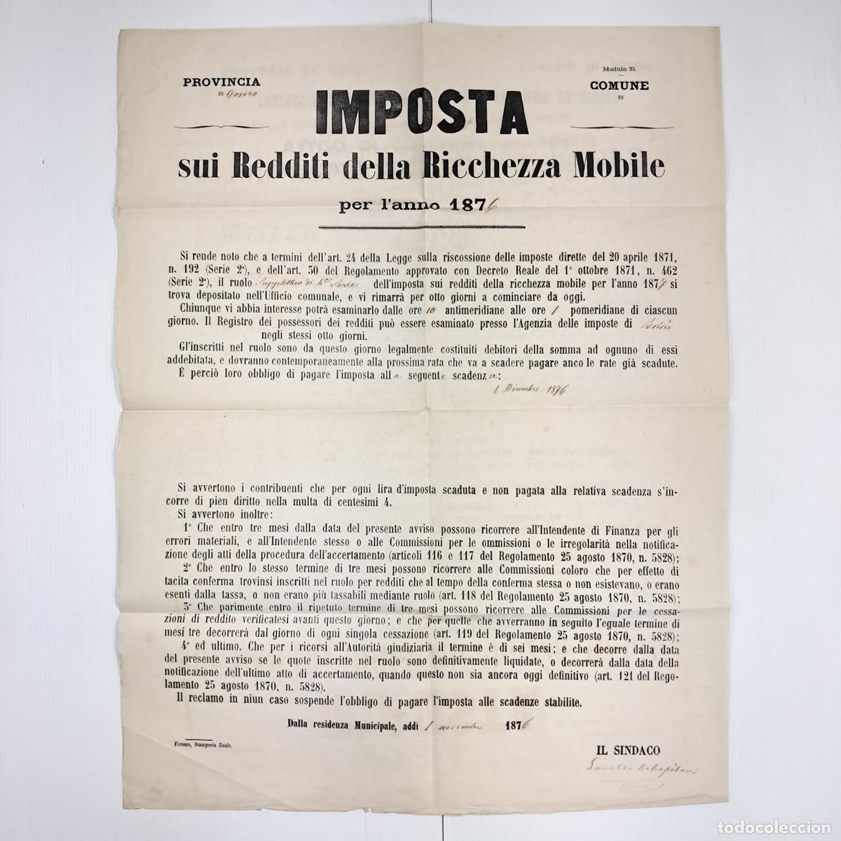Carteles: Manifesto poster &ldquo;Imposta sui Redditi della Ricchezza Mobile &ndash; anno 1876/1877&rdquo;