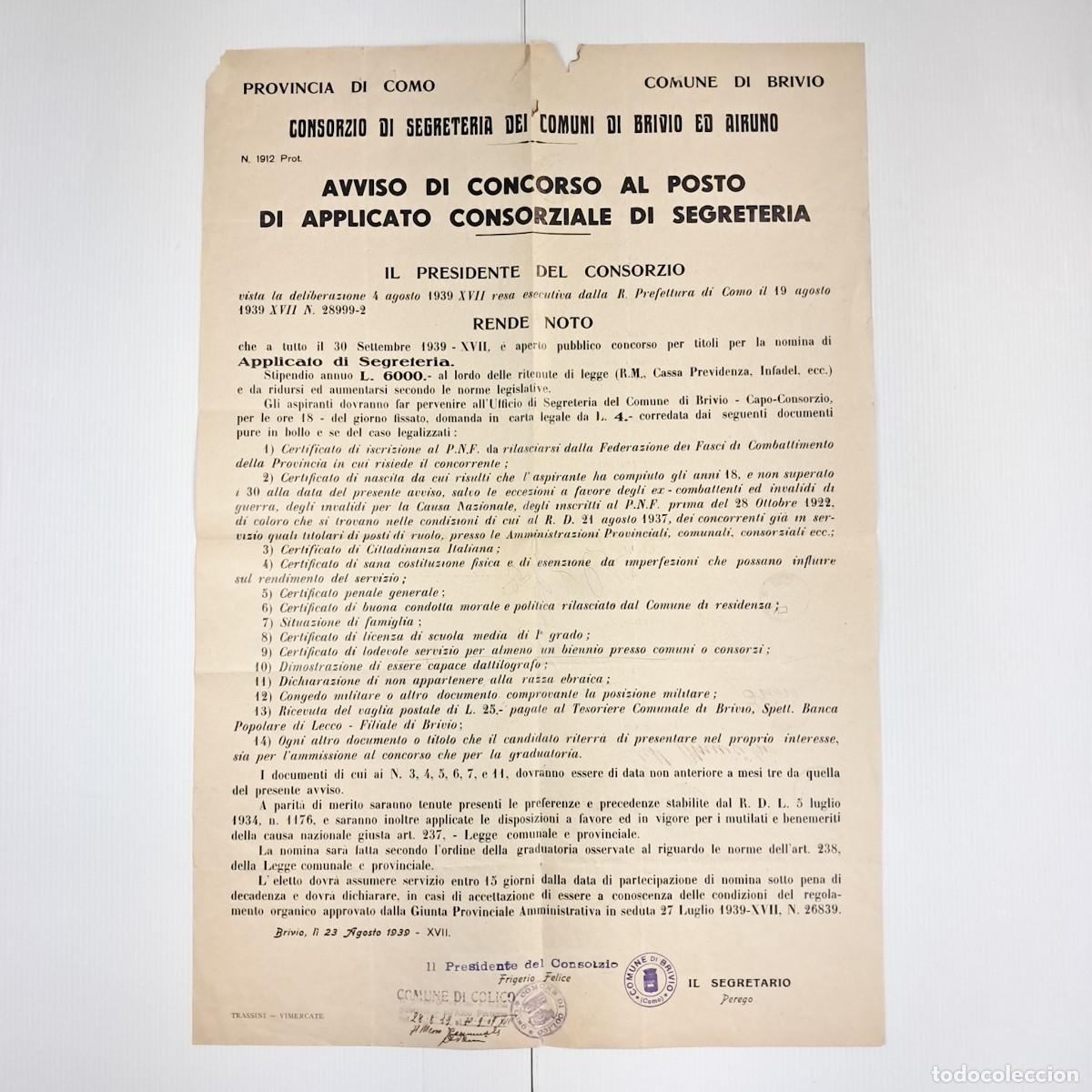 Carteles: Raro documento originale datato 23 agosto 1939 (Anno XVII)