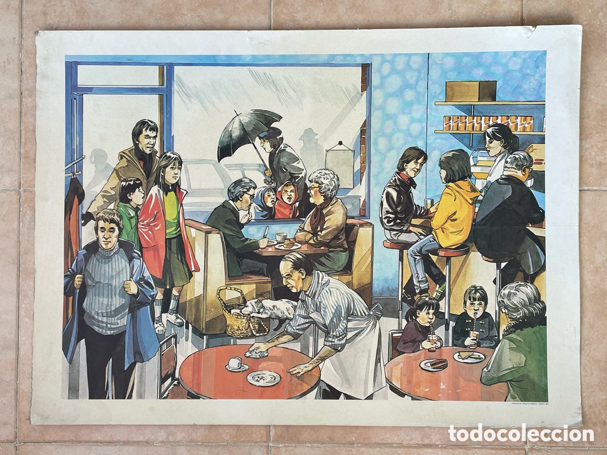 Carteles: Cartel escolar, litograf&iacute;a educativa vintage. 1981. Gran tama&ntilde;o. Cafeter&iacute;a.