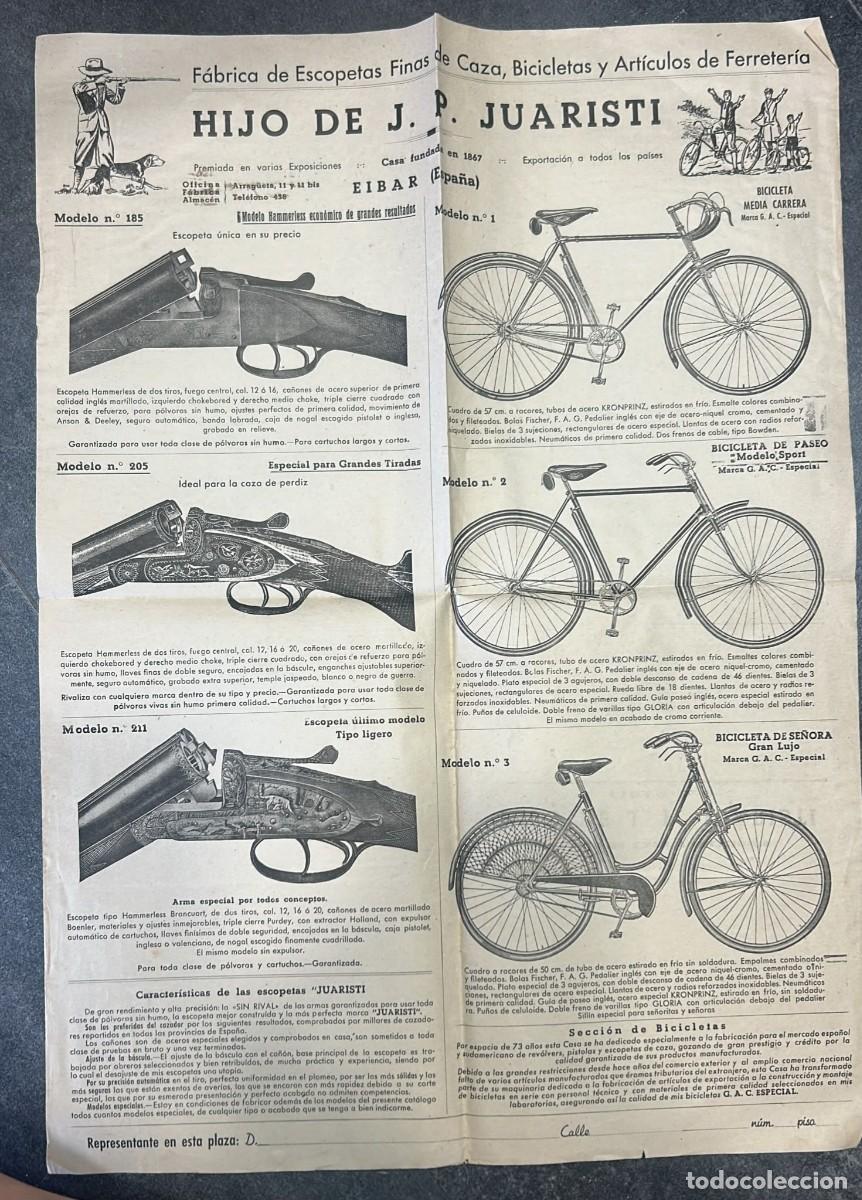 Carteles: CARTEL DESPLEGABLE DE ESCOPETAS DE CAZA Y BICICLETAS DE HIJO DE JP JUARISTI DE 45 X 34 CMS.