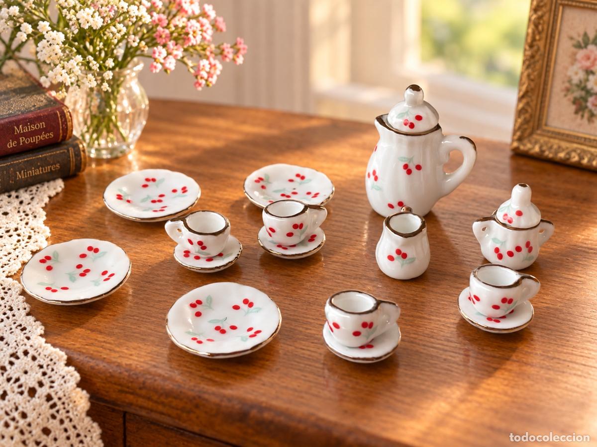 Puppenh&auml;user: Juego de caf&eacute; decoraci&oacute;n cerezas en miniatura para casa de mu&ntilde;ecas
