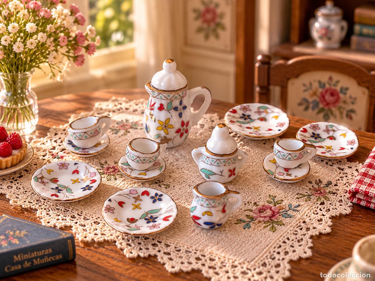 Casas de mu&ntilde;ecas: Juego de caf&eacute; de flores en miniatura para casa de mu&ntilde;ecas