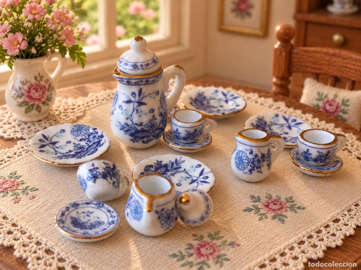 Doll houses: Juego azul de caf&eacute; en miniatura para casa de mu&ntilde;ecas