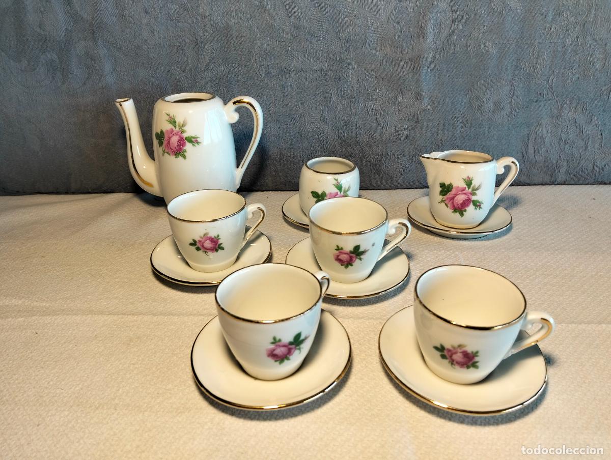 Casas de mu&ntilde;ecas: Lote juego de t&eacute; caf&eacute; porcelana blanca flor rosa filo dorado de juguete casa de mu&ntilde;ecas a&ntilde;os 50-60