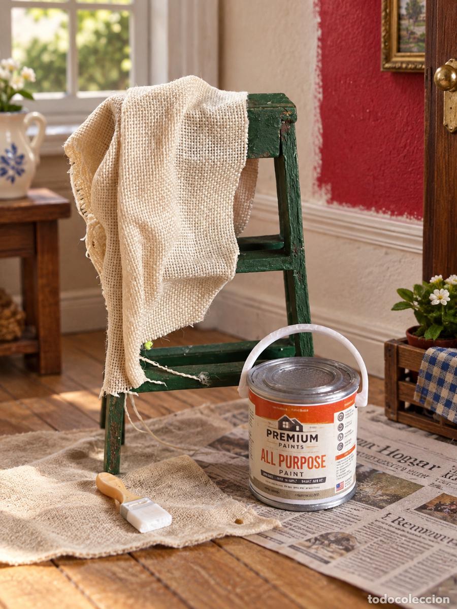 Casas de mu&ntilde;ecas: Escalera de pintor con bote de pintura y pincel Miniatura 1:12