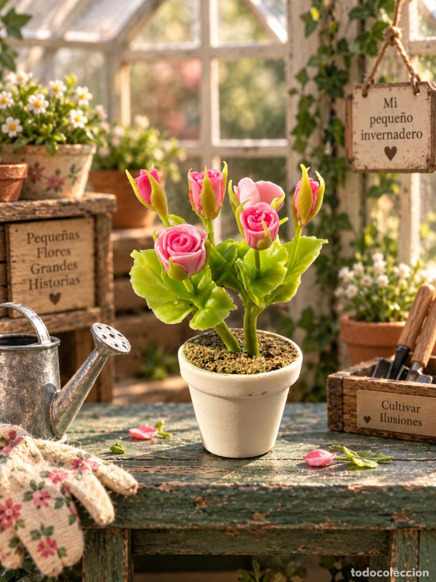 Casas de mu&ntilde;ecas: Maceta con rosal en miniatura casa de mu&ntilde;ecas