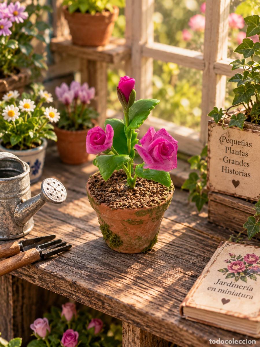 Doll houses: Rosal fucsia en maceta envejecida Miniatura casa de mu&ntilde;ecas