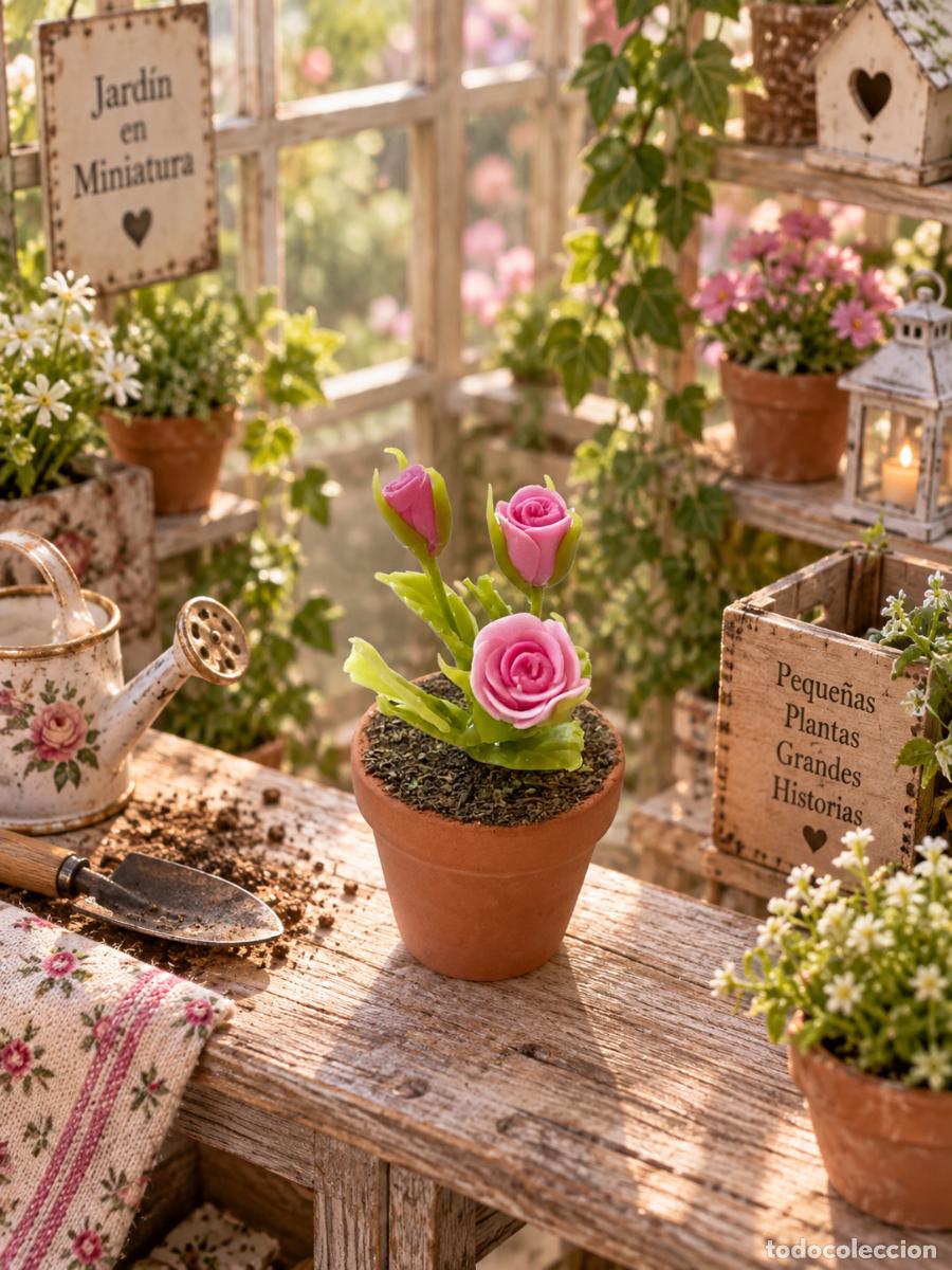 Doll houses: Rosal rosa en maceta de barro miniatura casa de mu&ntilde;ecas