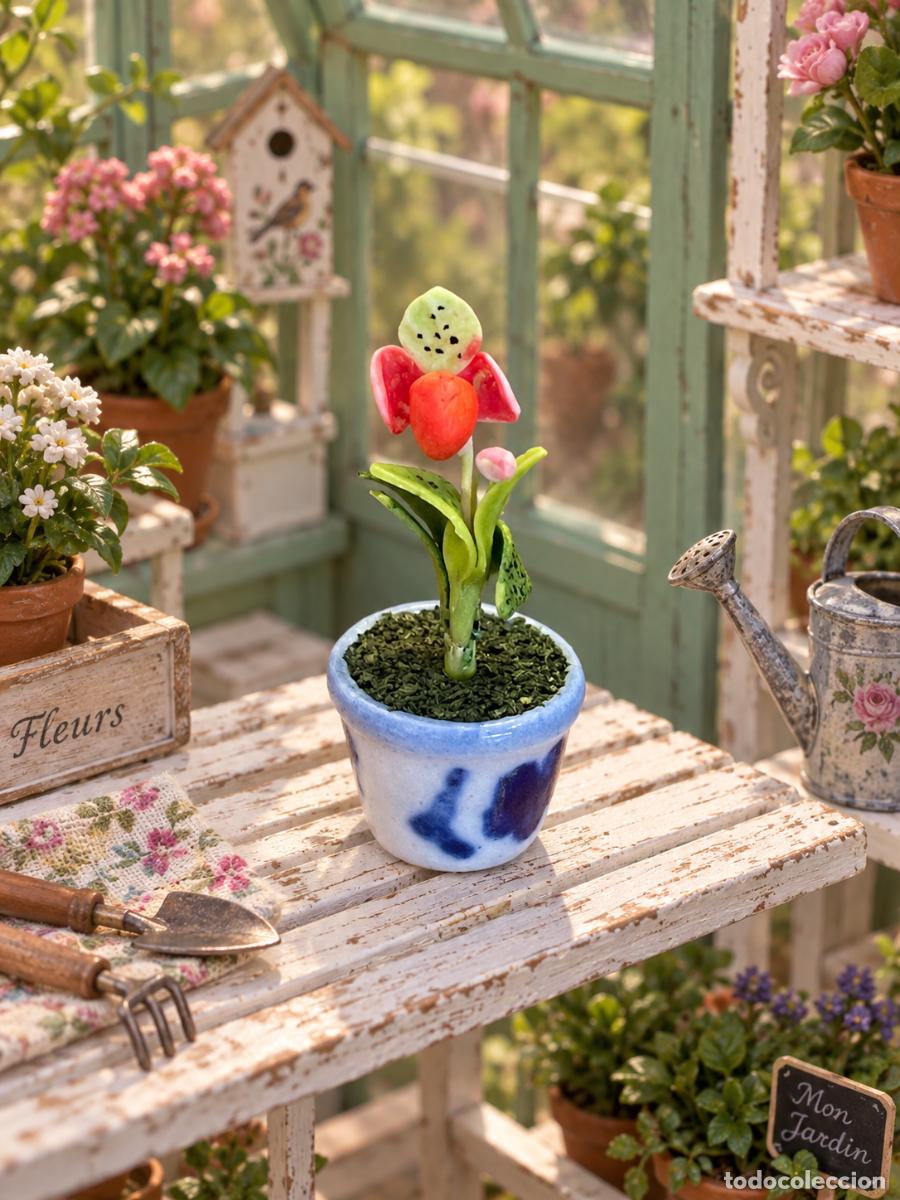 Case di Bambole: Maceta con orqu&iacute;dea naranja miniatura casa de mu&ntilde;ecas