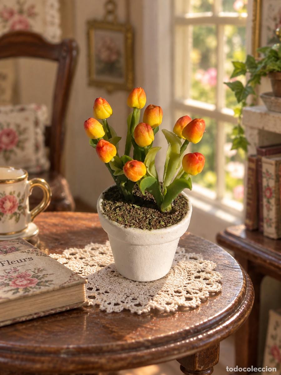 Doll houses: Tulipanes amarillos en maceta miniatura casa de mu&ntilde;ecas