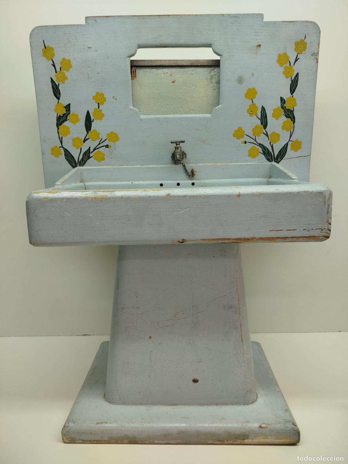 Casas de mu&ntilde;ecas: &rdquo;Antiguo Lavamanos de Juguete en Madera Pintada - Estilo Art D&eacute;co (A&ntilde;os 20/30) - Funcional con desag