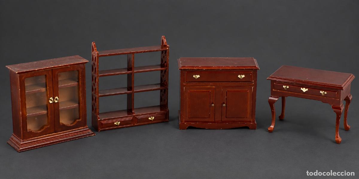 Casas de mu&ntilde;ecas: Lote Muebles Casa de Mu&ntilde;ecas Vintage 1:12 Madera Acabado Caoba 4 Piezas