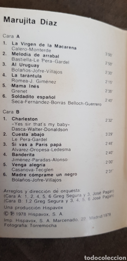 Casetes antiguos: Casete MARUJITA D&Iacute;AZ &Eacute;XITOS, 1978 - Foto 4