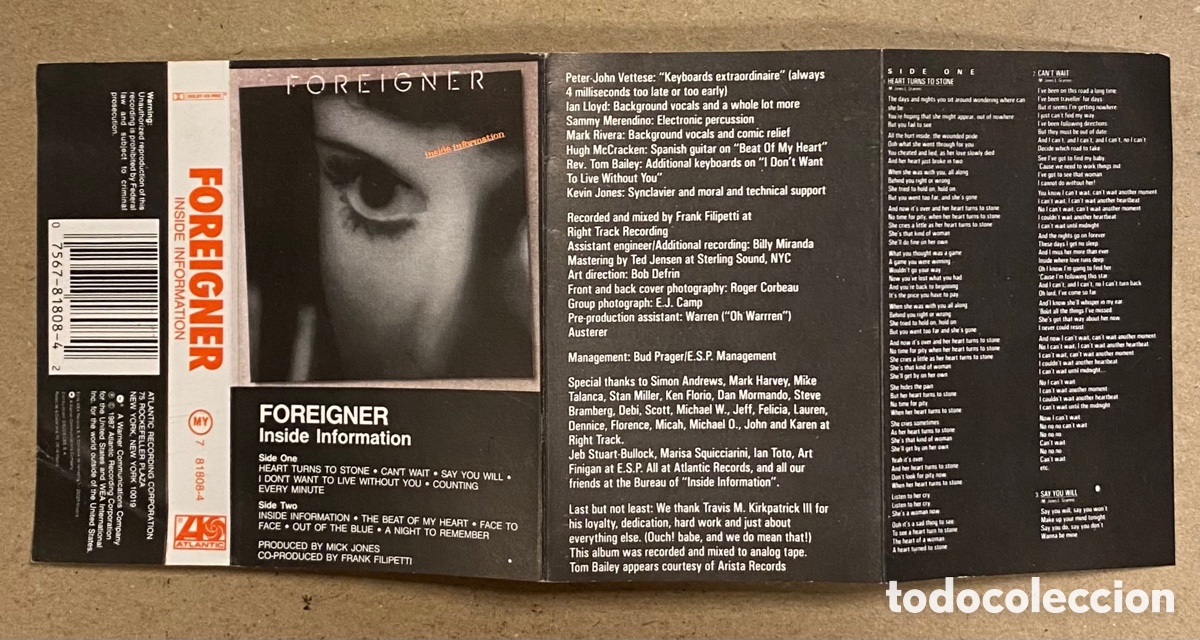 Casetes antiguos: FOREIGNER &ldquo;INSIDE INFORMATION&rdquo; (1987). CAR&Aacute;TULA DE CASETE ORIGINAL. - Foto 2