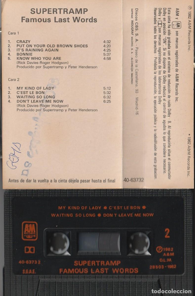 Casetes antiguos: SUPERTRAMP - ...FAMOUS LAST WORDS... (CASSETTE A&M 1982) - Foto 2