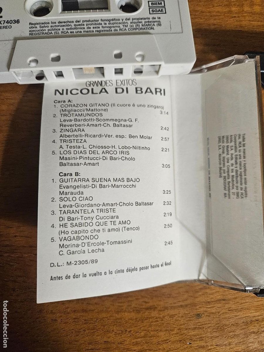 Casetes antiguos: NICOLA DI BARI - Grandes &Eacute;xitos - Ed 1989 - Foto 5
